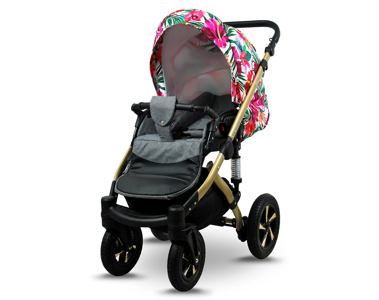 3 in 1 Luxury Stroller and Car Seat - Sky Lark Pram Pushchair and Car seat by Babylux- In Grey Flex Hibiscus - Image 3