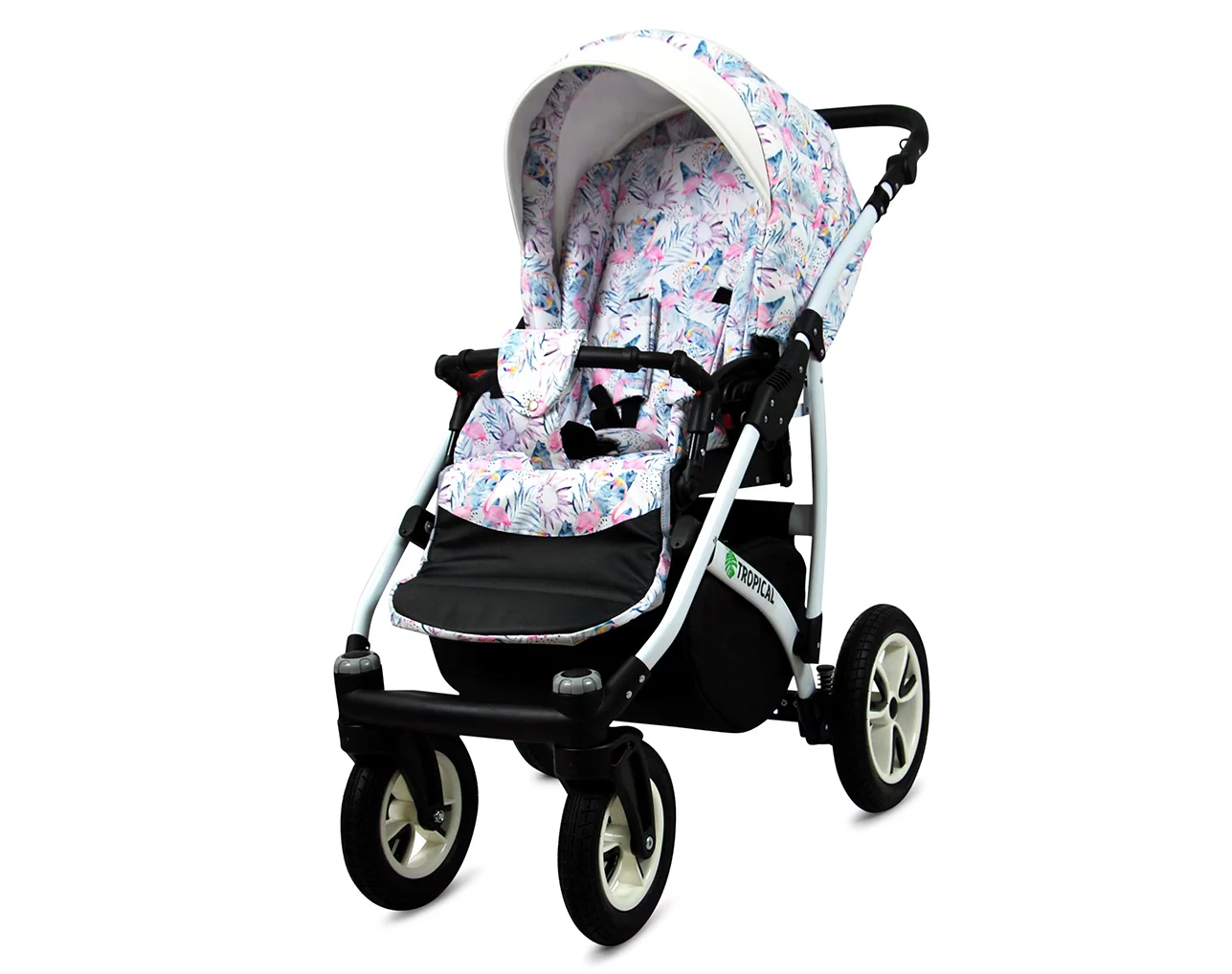 3 in 1 Luxury Stroller and Car Seat - Tropical Pram Pushchair and Car seat by Babylux- In Pastel Flamingos - Image 3