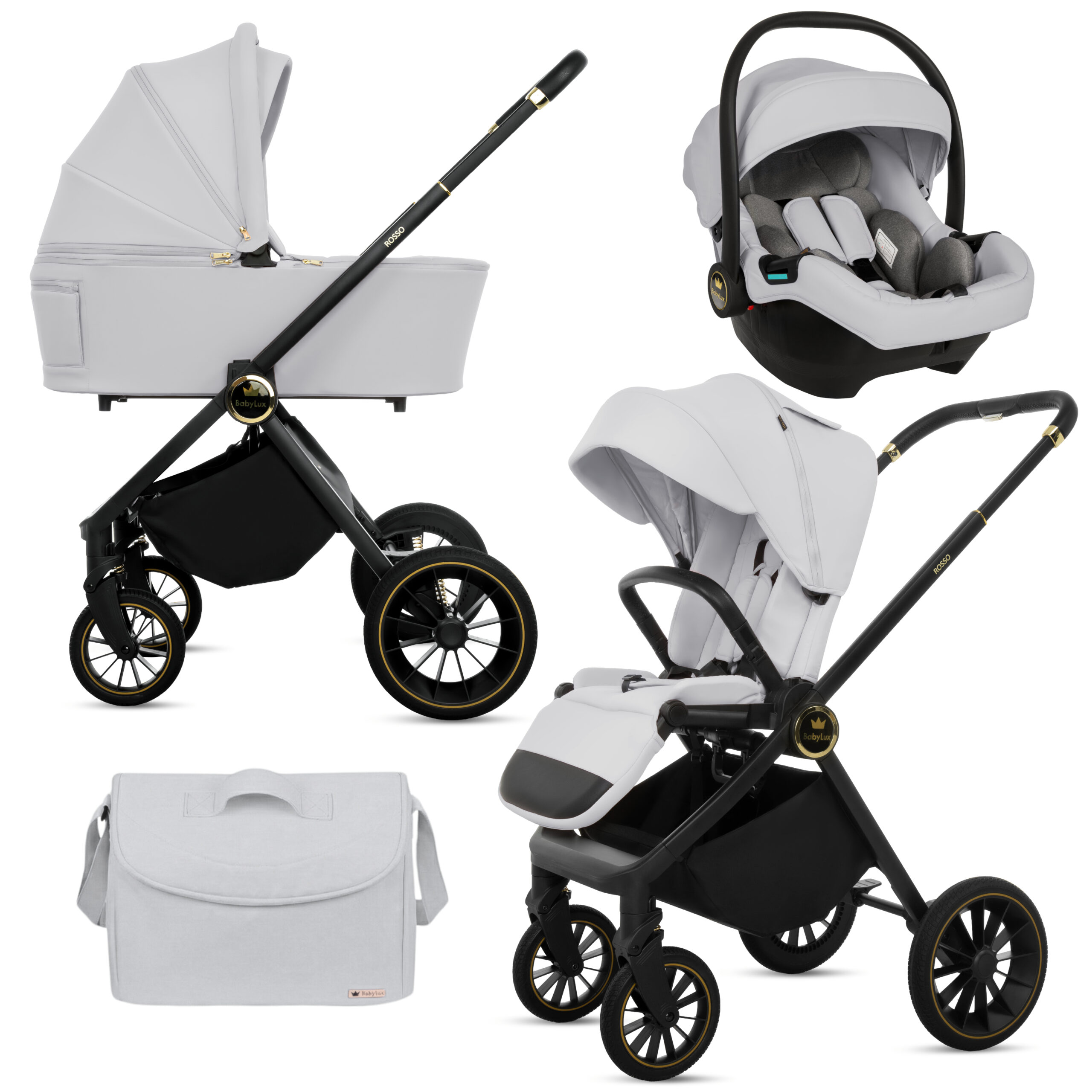 3 in 1 Luxury Stroller and Car Seat - New Rosso Luxury Pram Pushchair and Car seat by Babylux- In Silver