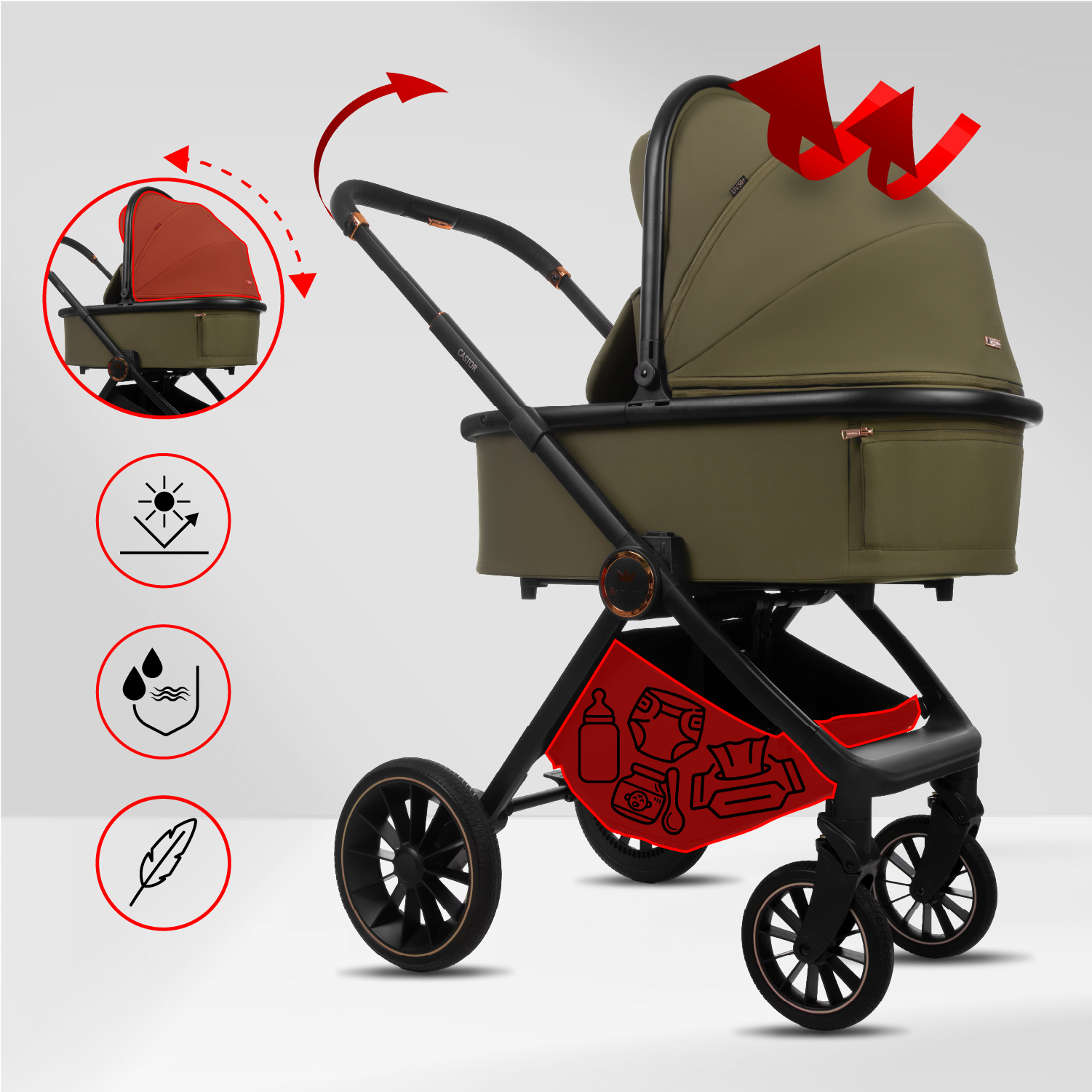 Castor 4 in 1 Stroller Travel System Pushchair with Car Seat & Isofix Base & Backpack in Brown - Obrázek 16