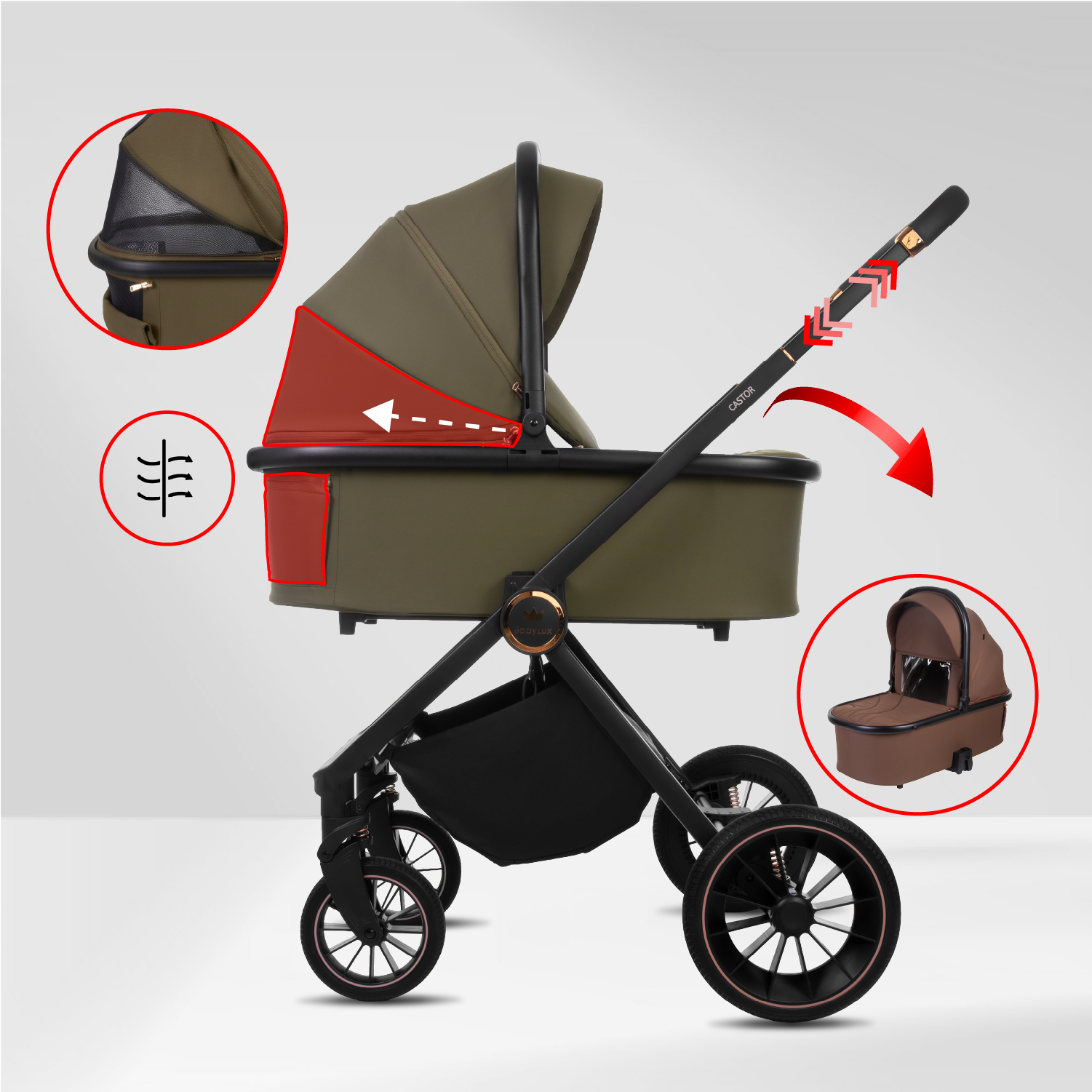Castor 4 in 1 Stroller Travel System Pushchair with Car Seat & Isofix Base & Backpack in Brown - Obrázek 15