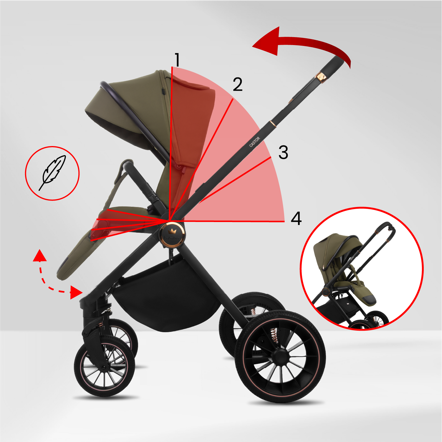 Castor 4 in 1 Stroller Travel System Pushchair with Car Seat & Isofix Base & Backpack in Brown - Obrázek 14