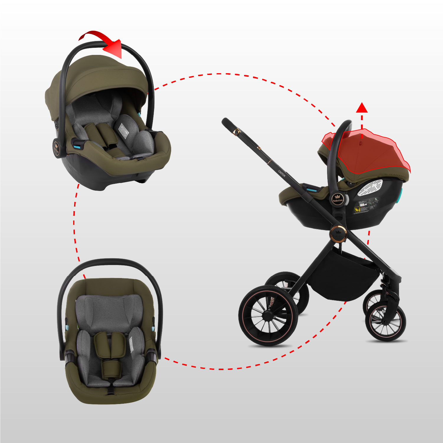 Castor 4 in 1 Stroller Travel System Pushchair with Car Seat & Isofix Base & Backpack in Brown - Obrázek 12