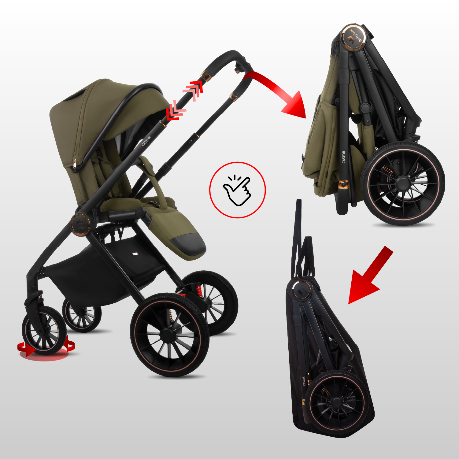 Castor 4 in 1 Stroller Travel System Pushchair with Car Seat & Isofix Base & Backpack in Brown - Obrázek 10