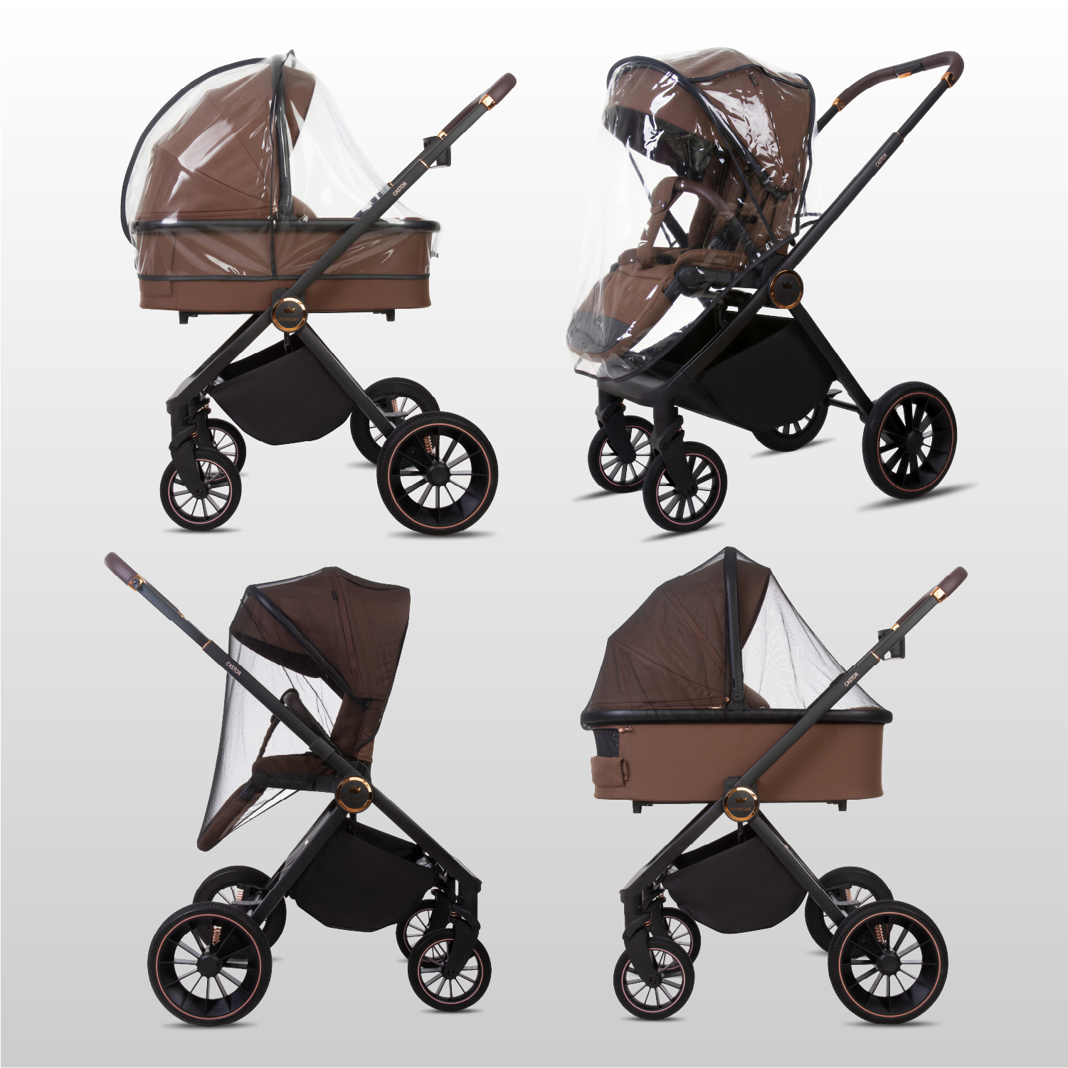 Castor 4 in 1 Stroller Travel System Pushchair with Car Seat & Isofix Base & Backpack in Brown - Obrázek 7