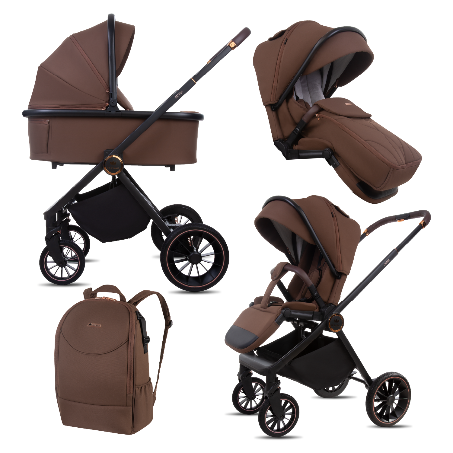Castor 4 in 1 Stroller Travel System Pushchair with Car Seat & Isofix Base & Backpack in Brown