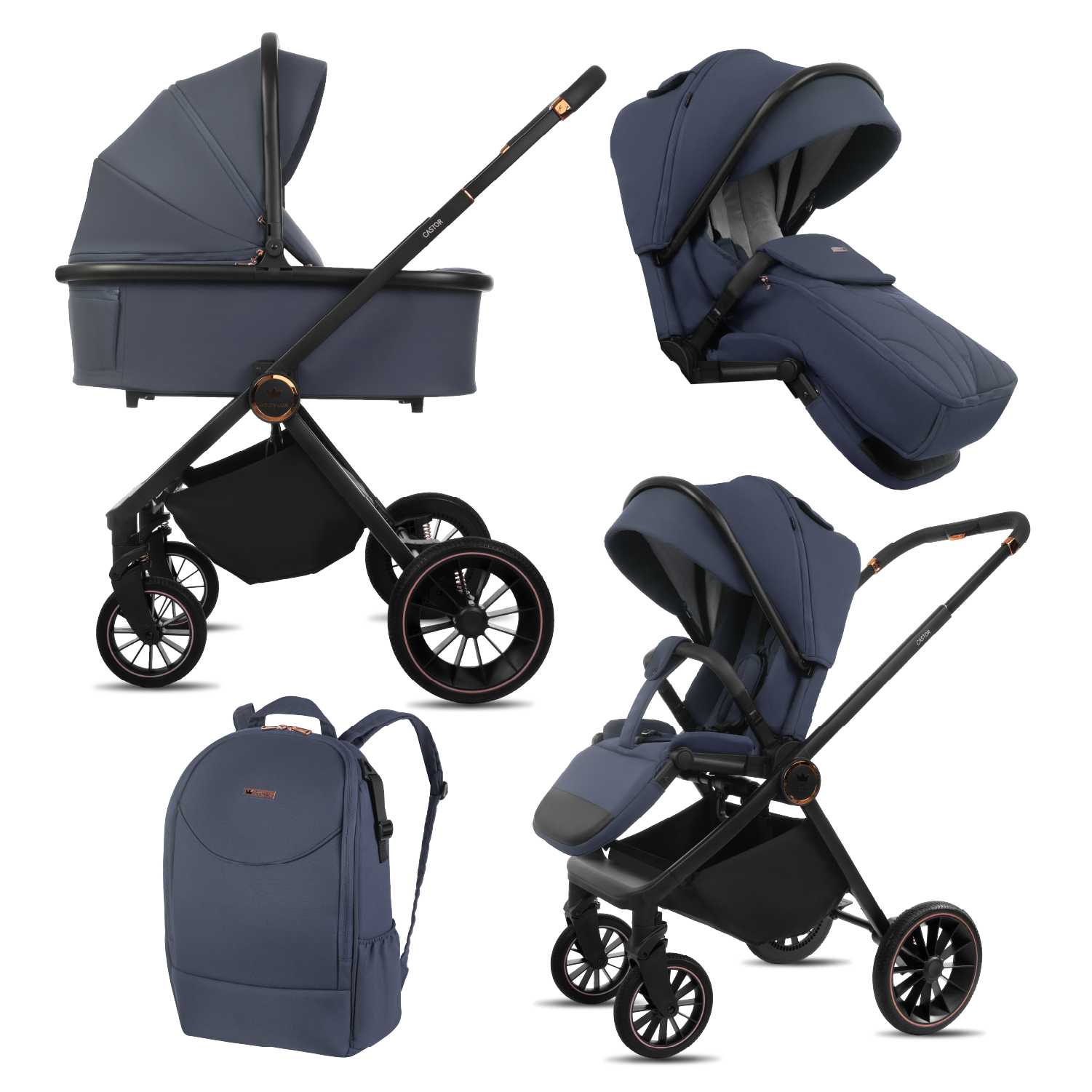 Cestovní systém Castor 4 v 1 s autosedačkou, základnou Isofix a batohem v tmavě modré barvě
