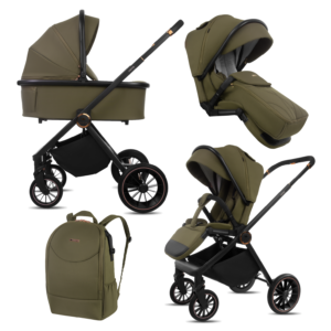 Cestovní systém Castor 4 v 1 s autosedačkou, základnou Isofix a batohem v olivově zelené barvě