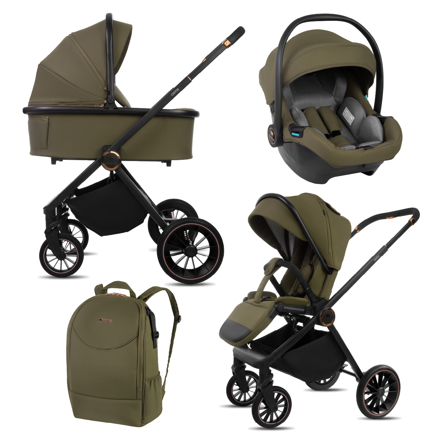 Castor 4 in 1 Stroller Travel System Pushchair with Car Seat & Isofix Base & Backpack in Brown - Obrázek 6