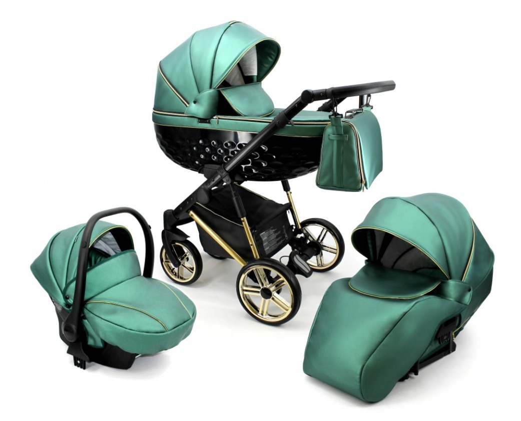Emerald Green & Gold 3 in 1 Pram Pushchair – ADBOR OXV-3D Travel System - obrazek 9