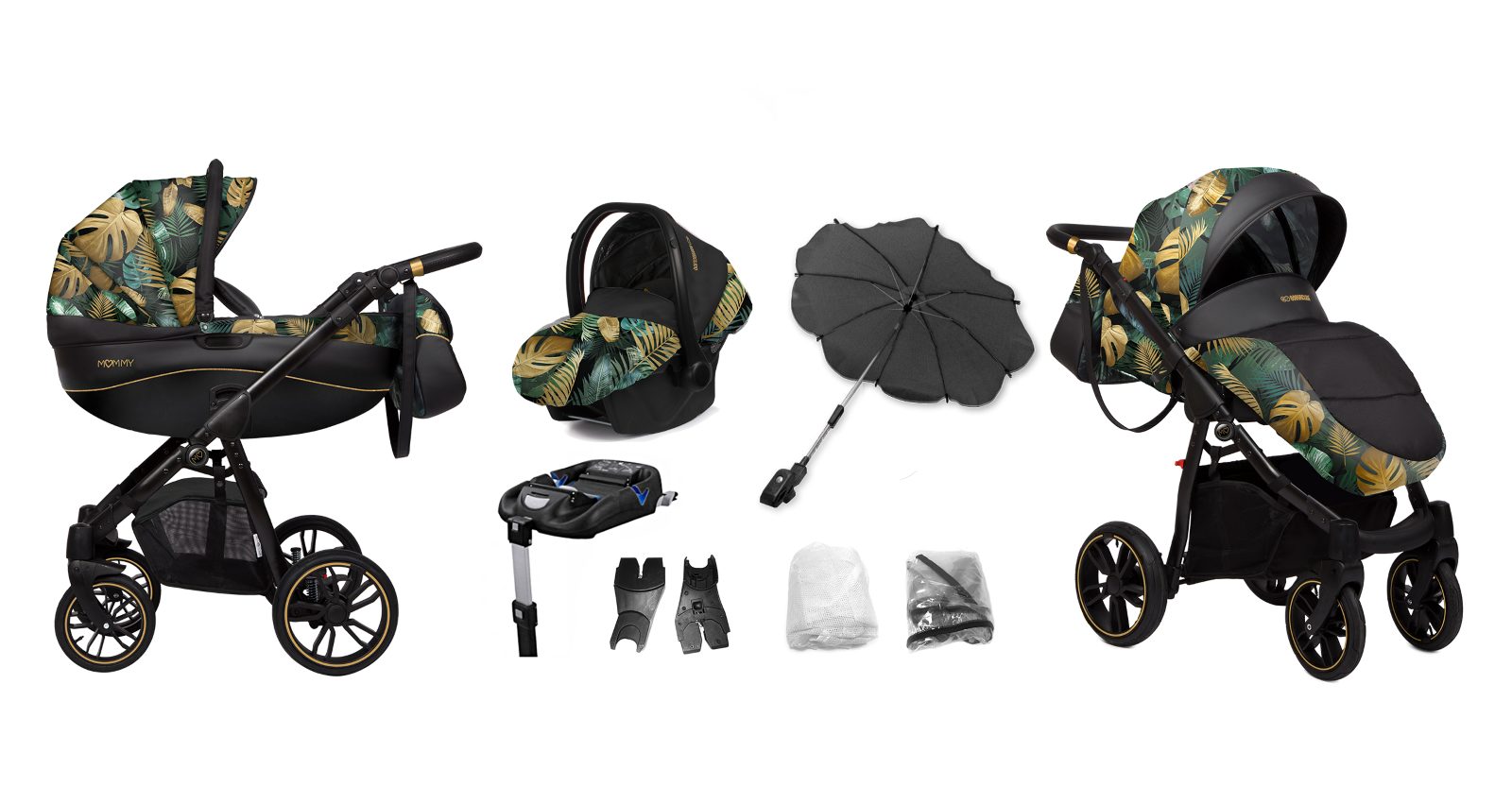 Special Jungle Gold Pattern Pram Pushchair 4 in 1 – BabyActive Mommy Travel System with Car Seat & Isofix Base