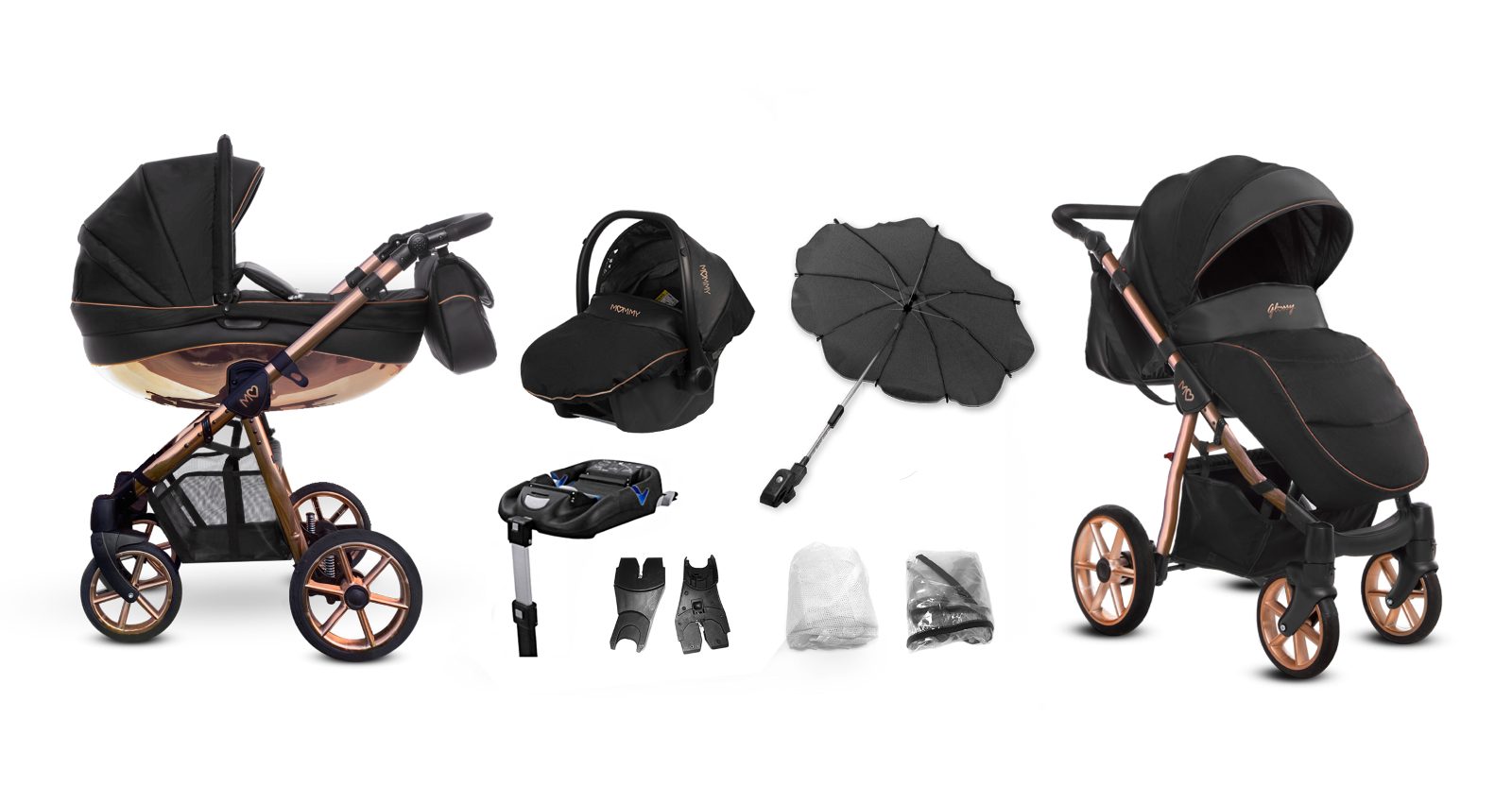 Rose Gold Trim Pram Pushchair 3 in 1 – BabyActive Mommy Glossy Black Travel System with Car Seat