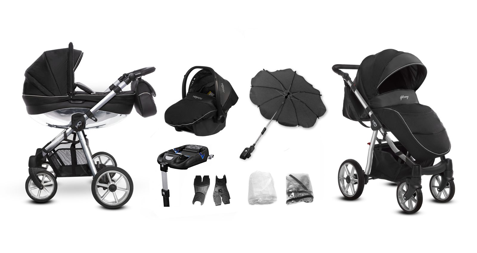 Silver Trim Pram Pushchair 4 in 1 – BabyActive Mommy Glossy Black Travel System with Car Seat & Isofix Base