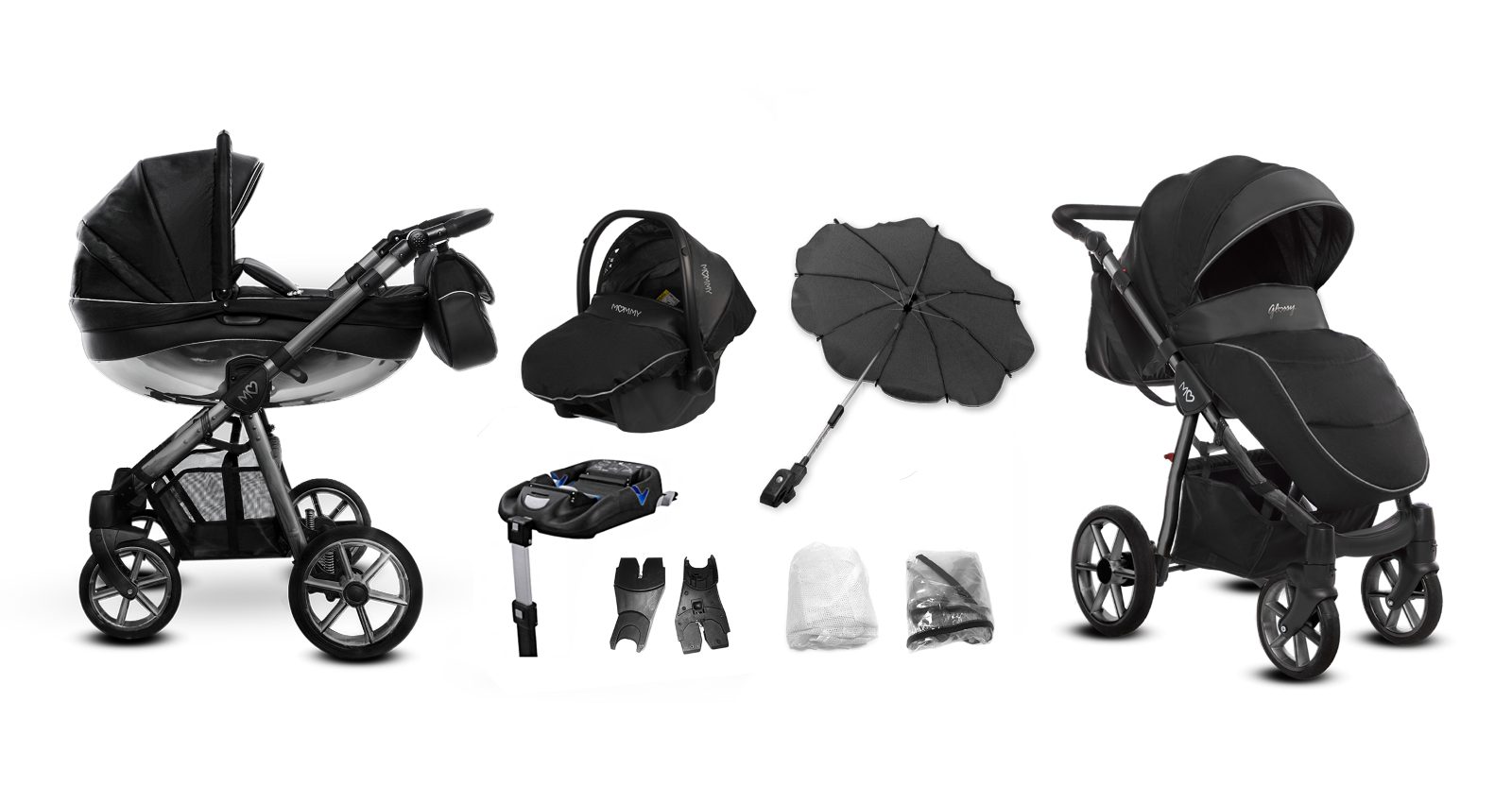 Space Grey Trim Pram Pushchair 3 in 1 – BabyActive Mommy Glossy Black Travel System with Car Seat