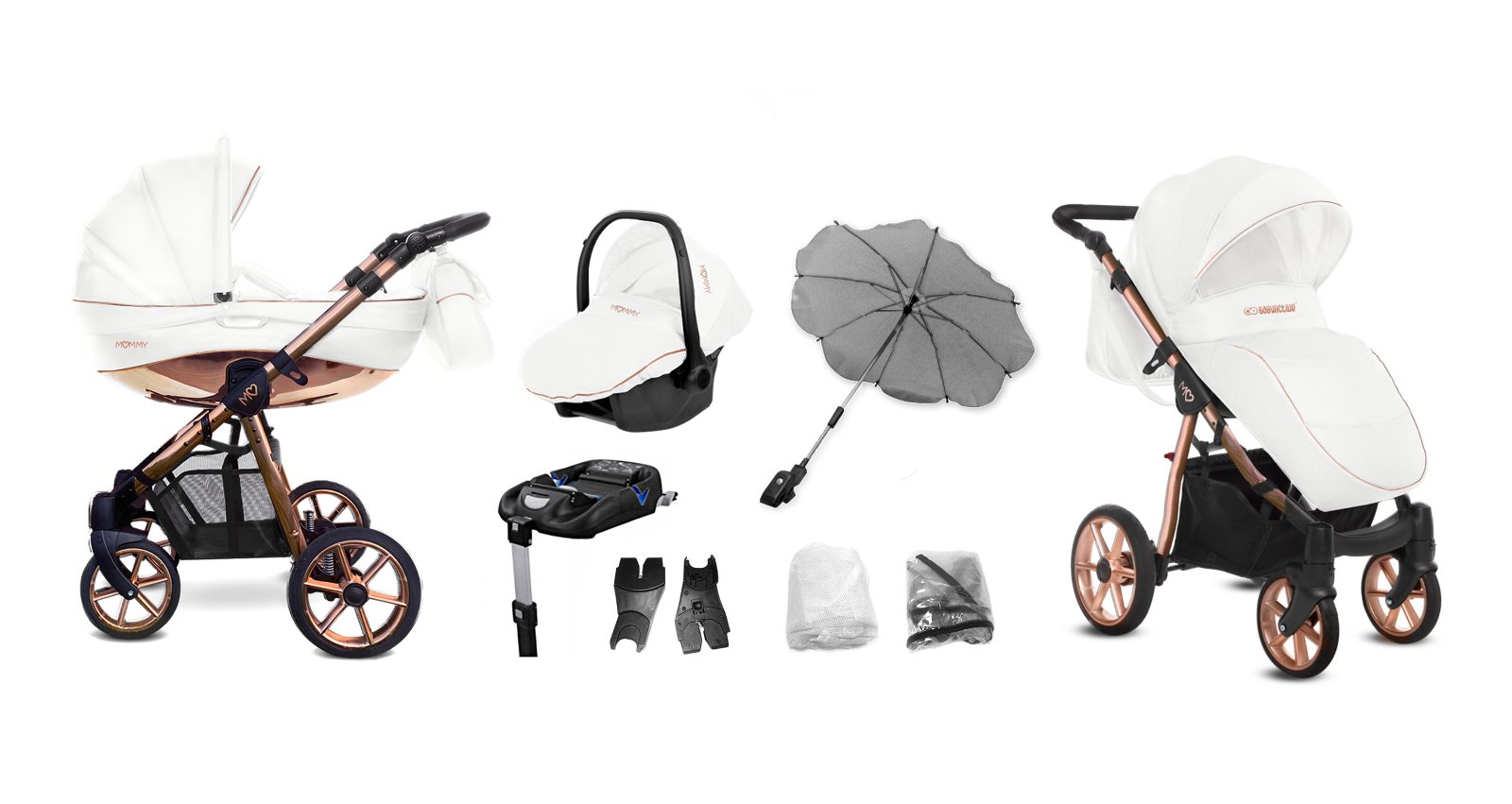 Silver Trim Pram Pushchair 3 in 1 – BabyActive Mommy Glossy White Travel System with Car Seat