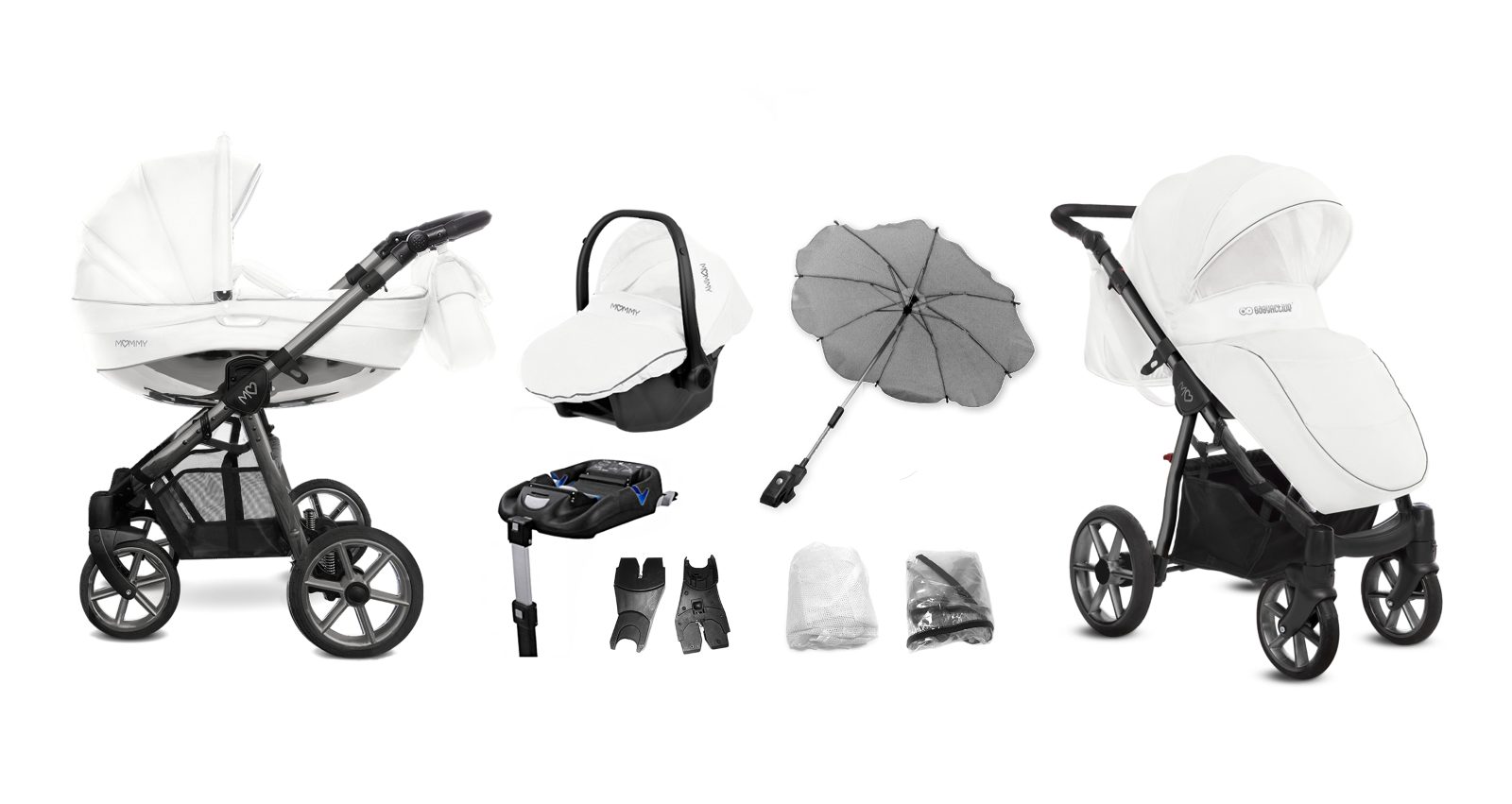 Space Grey Trim Pram Pushchair 3 in 1 – BabyActive Mommy Glossy White Travel System with Car Seat