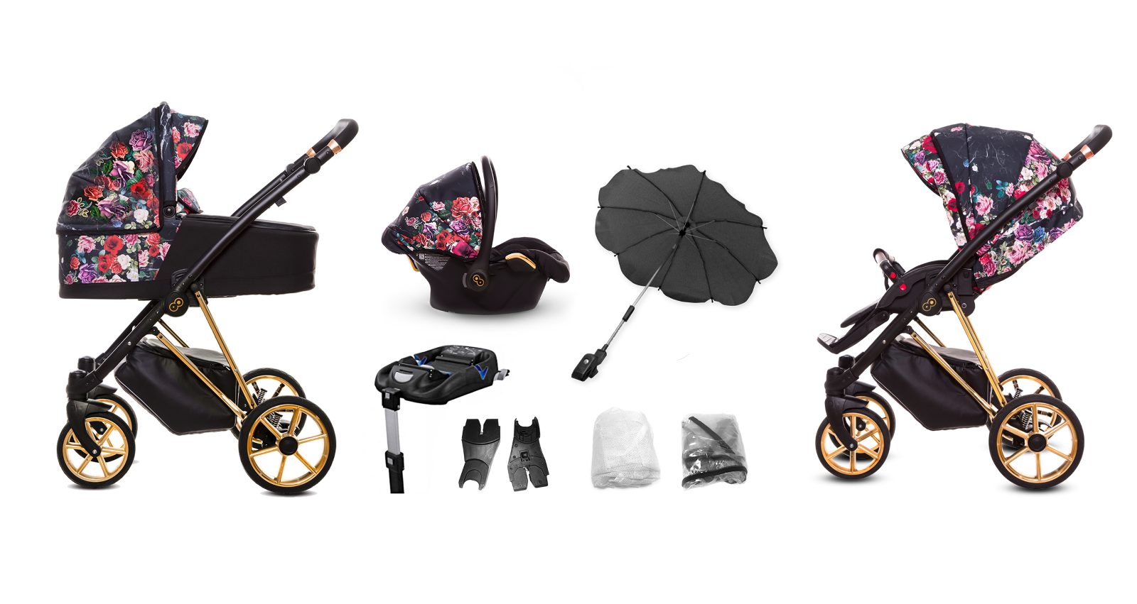 Dark Rose Pattern Pram Pushchair 4 in 1 – BabyActive Musse Rose Travel System with Car Seat & Isofix Base