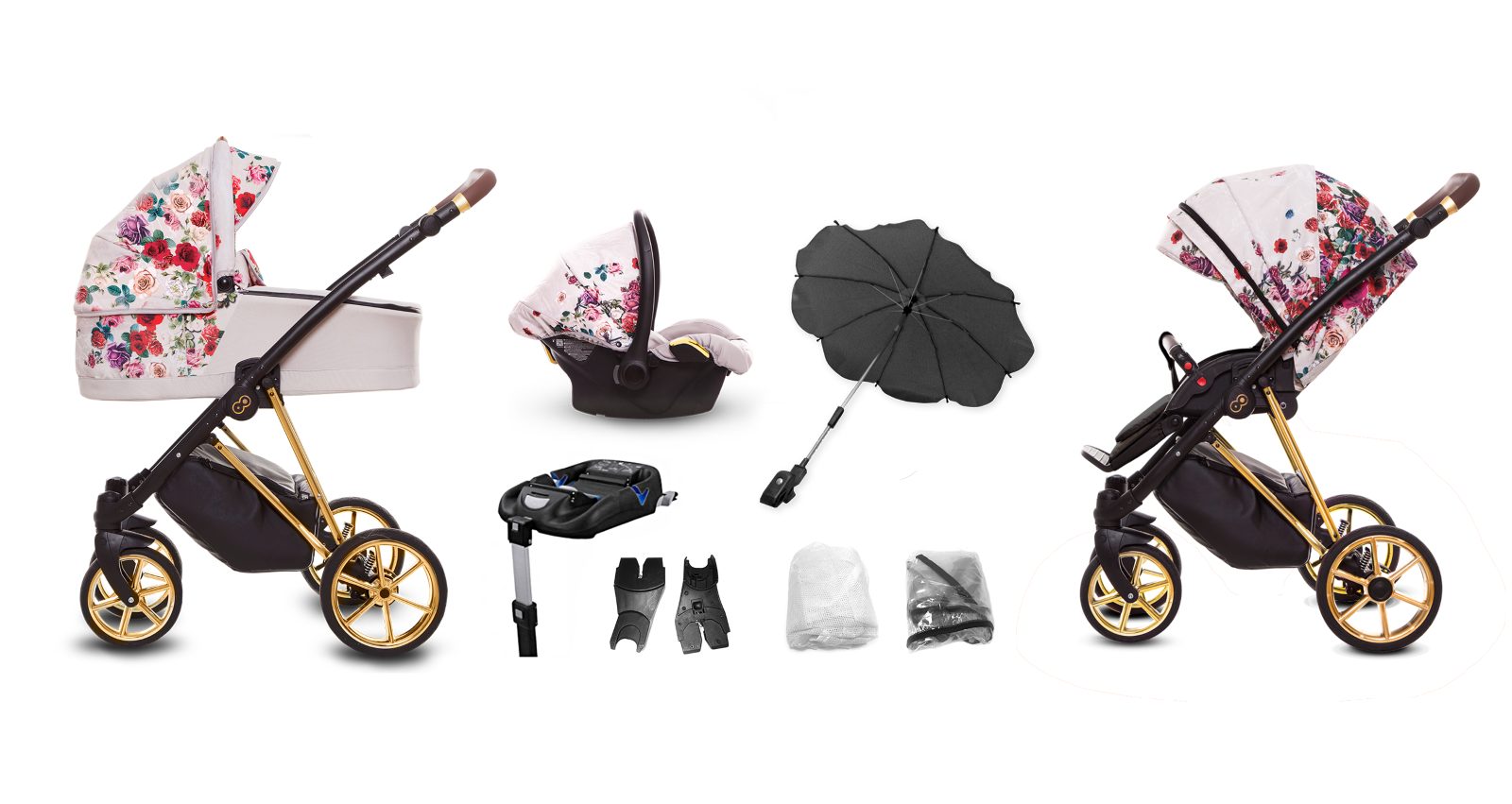 Light Rose Pattern Pram Pushchair 4 in 1 – BabyActive Musse Rose Travel System with Car Seat & Isofix Base