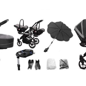Silver Twin Pram Pushchair – BabyActive Twinni Travel System Full Set