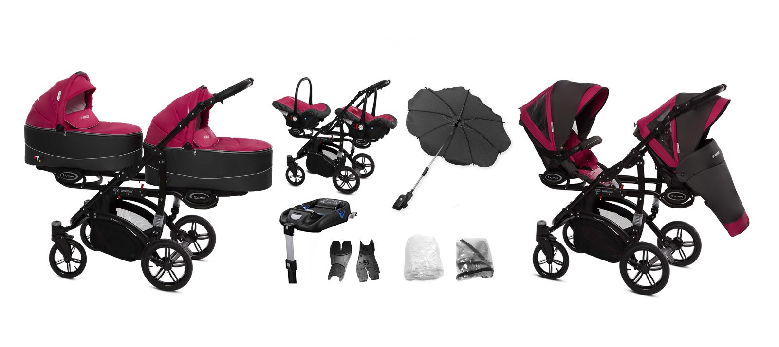 Amarant Purple Twin Pram Pushchair – BabyActive Twinni Travel System Full Set