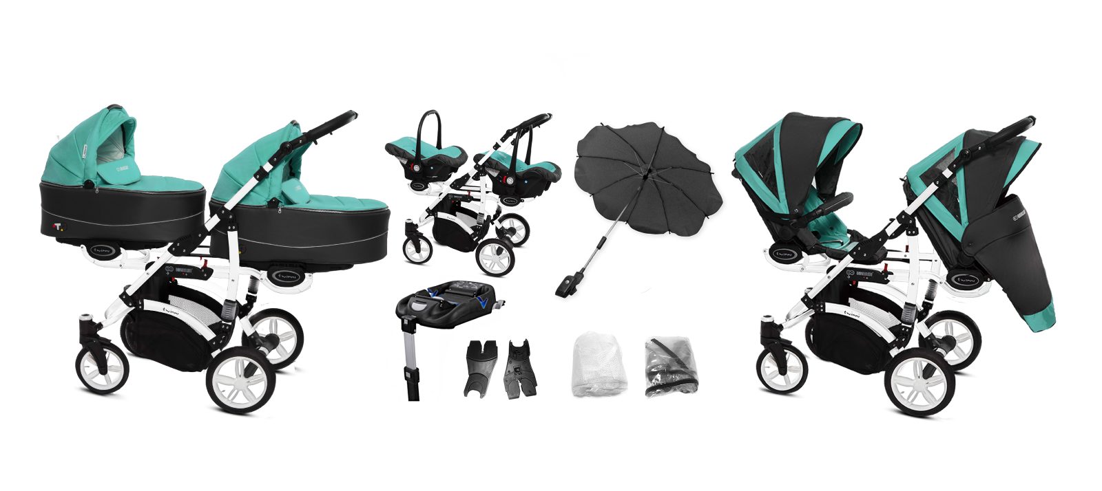 Tropic Green Twin Pram Pushchair – BabyActive Twinni Travel System Full Set - Obrázek 2