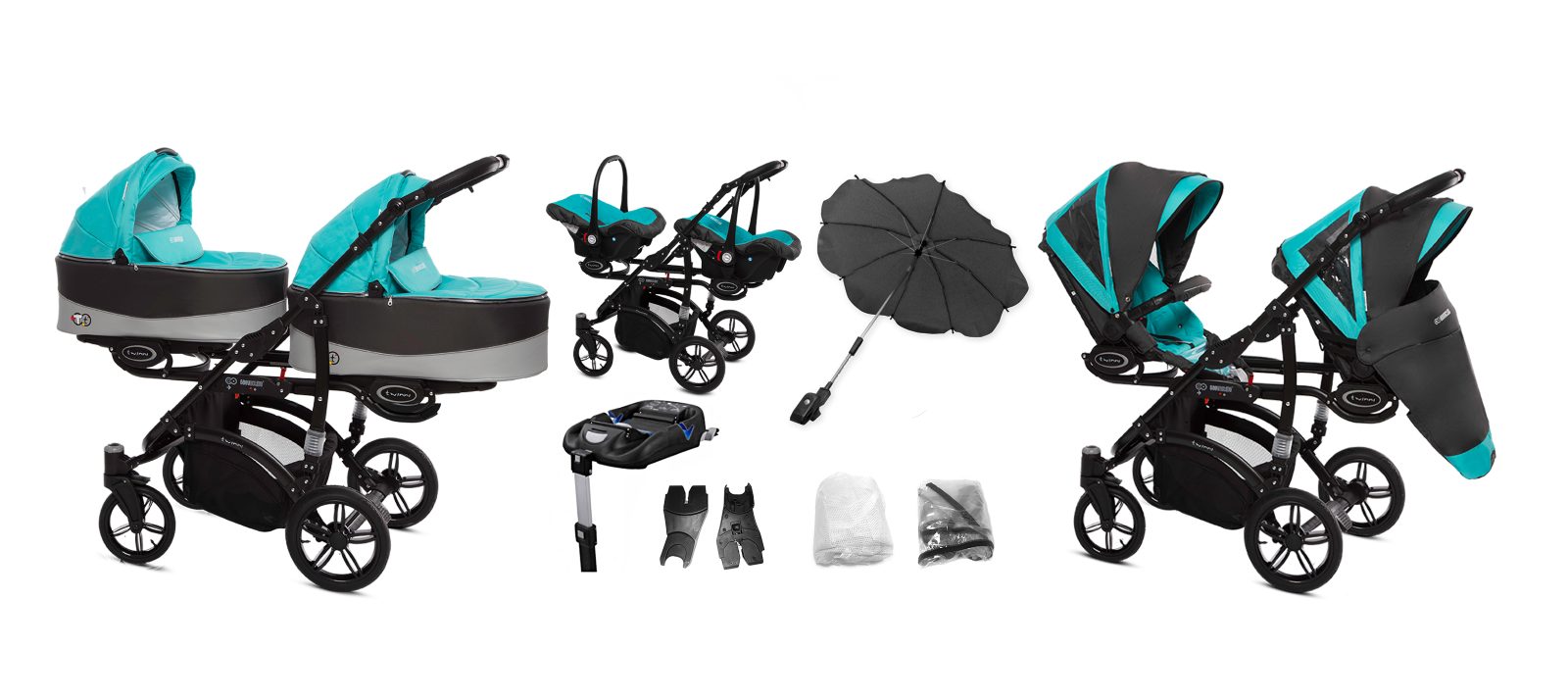 Tropic Green Twin Pram Pushchair – BabyActive Twinni Travel System Full Set