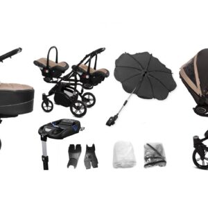 Beige Twin Pram Pushchair – BabyActive Twinni Travel System Full Set