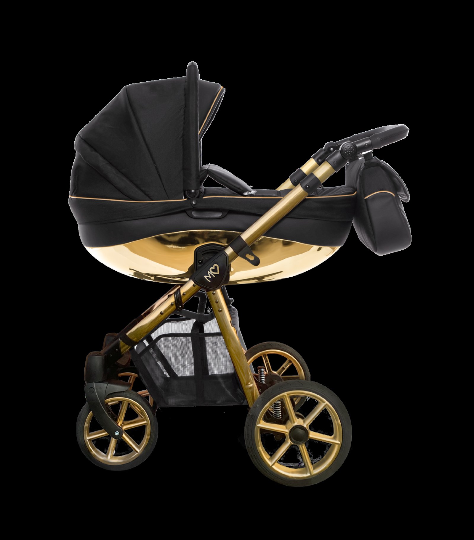 Gold Trim Pram Pushchair 2 in 1 – BabyActive Mommy Glossy Black Travel System - Afbeelding 2