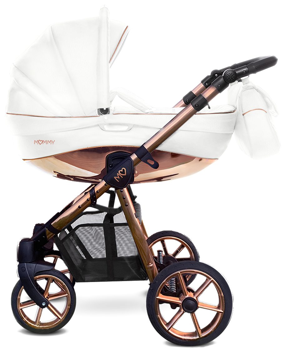 Rose Gold Trim Pram Pushchair 4 in 1 – BabyActive Mommy Glossy White Travel System with Car Seat & Isofix Base