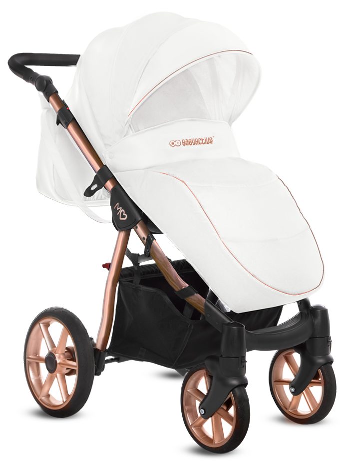 Rose Gold Trim Pram Pushchair 4 in 1 – BabyActive Mommy Glossy White Travel System with Car Seat & Isofix Base - Afbeelding 2