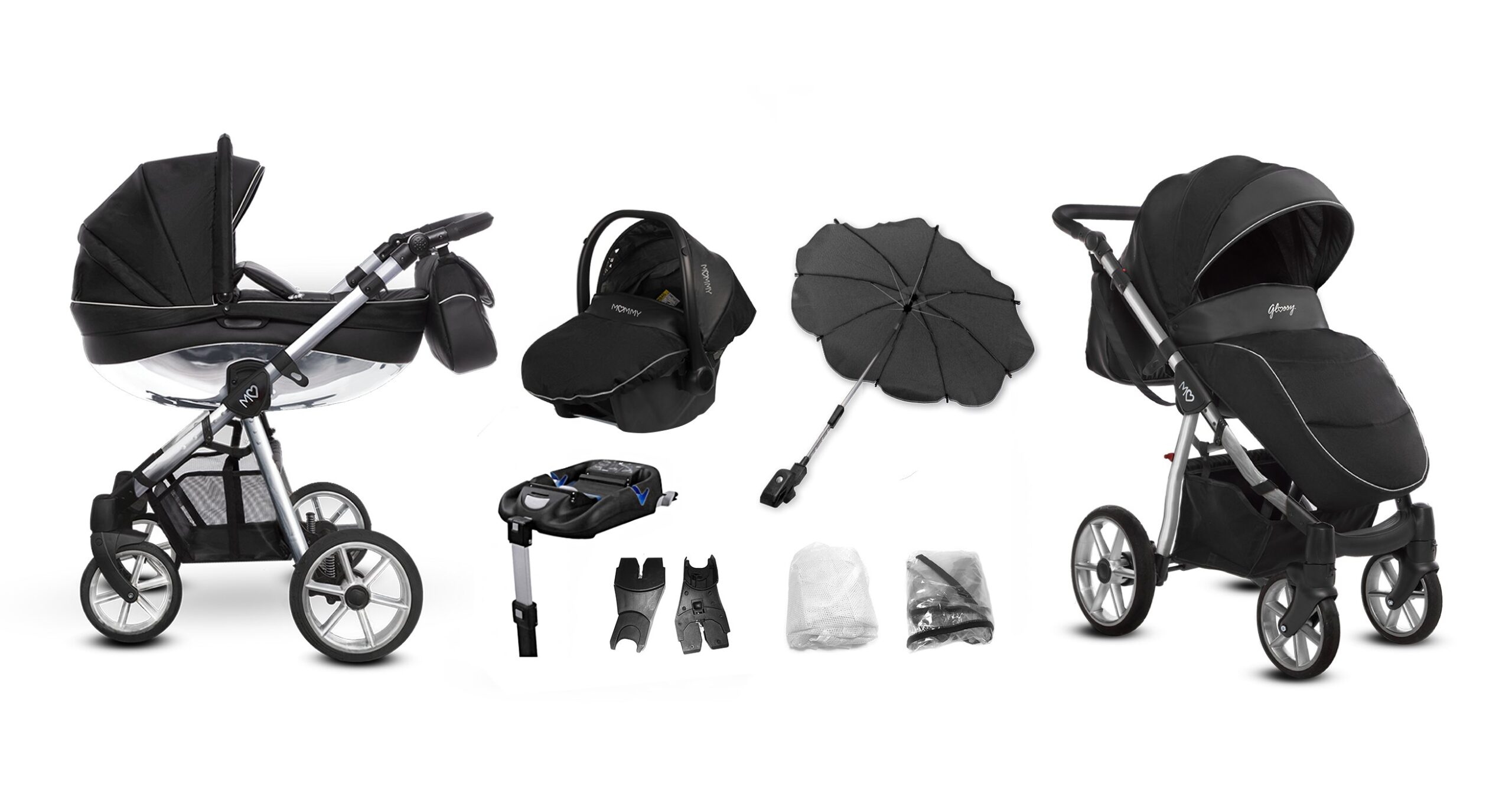 Silver Trim Pram Pushchair 4 in 1 – BabyActive Mommy Glossy Black Travel System with Car Seat & Isofix Base - Afbeelding 3